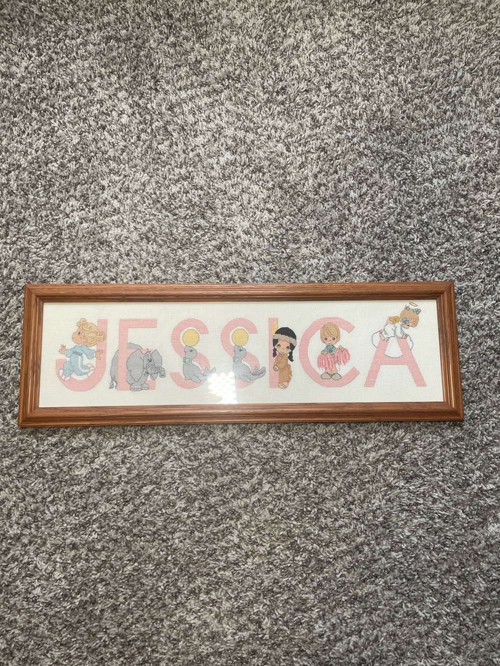 Vtg Precious Moments Needlepoint Wall Art Framed Plaque Personalized “Jessica”